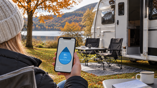 Person checking the Topargee Bluetooth water tank gauge app beside a caravan on an autumn camping trip.