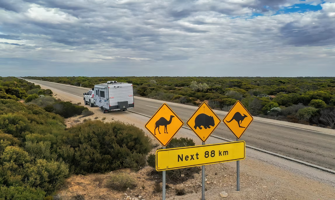 Caravan travelling on remote Australian outback highway past wildlife warning signs — water-wise sustainable travel tips for RV and caravan owners