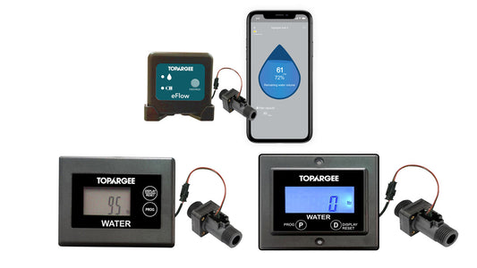Topargee Bluetooth Flush Mount and Surface Mount water tank gauges — stay on top of your water use with accurate flow-based monitoring