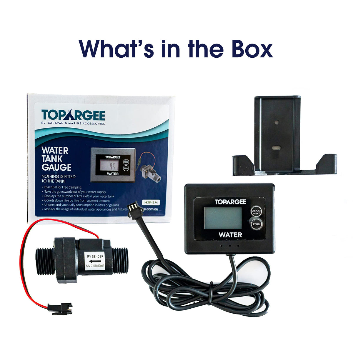 What's in the box — Topargee Surface Mount Water Tank Gauge kit contents including gauge sender 
