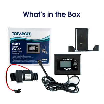 What's in the box — Topargee Surface Mount Water Tank Gauge kit contents including gauge sender 