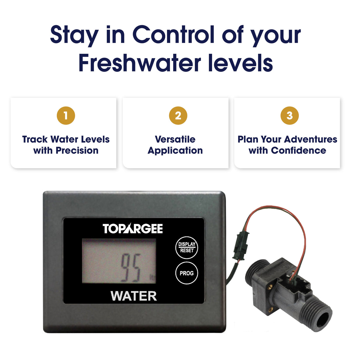 Topargee Surface Mount Water Tank Gauge display showing freshwater level monitoring stay in control