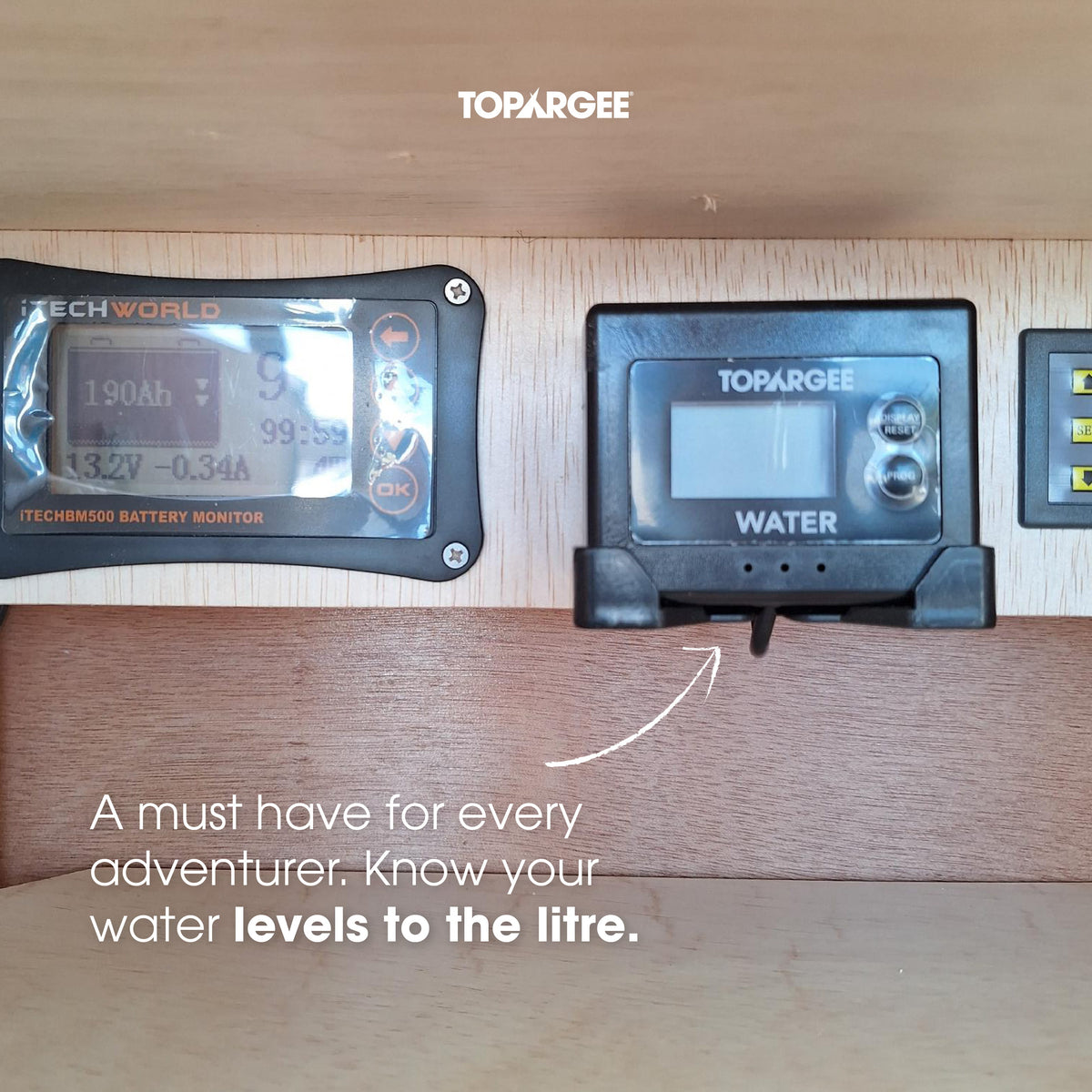Topargee Surface Mount Water Tank Gauge installed in RV or caravan showing live water level reading