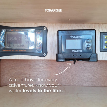 Topargee Surface Mount Water Tank Gauge installed in RV or caravan showing live water level reading