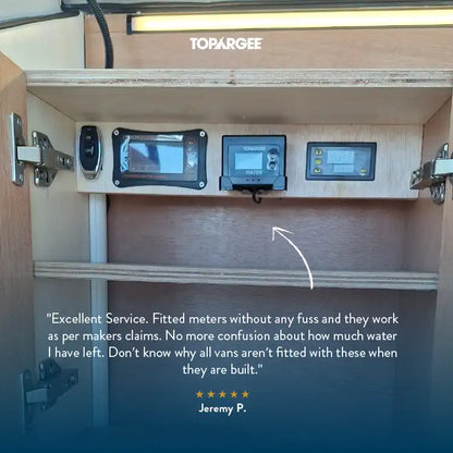 Topargee Surface Mount Water Tank Gauge installed in RV or caravan showing live water level reading and a 5 star review