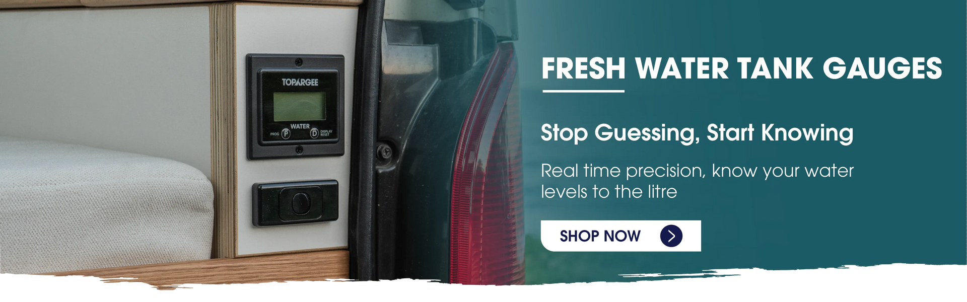 Topargee Fresh Water Tank Gauges banner — Flush Mount gauge installed in caravan interior — stop guessing start knowing your water levels to the litre