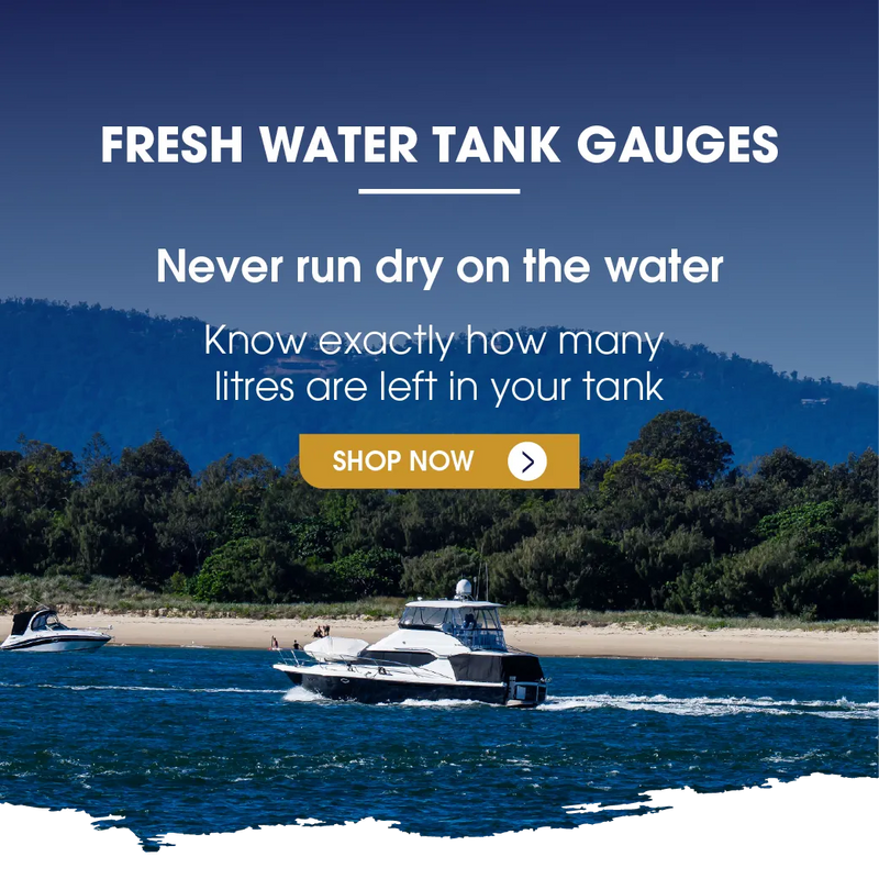 Topargee Fresh Water Tank Gauges banner — boats on coastal waterway — never run dry on the water know exactly how many litres are left in your tank