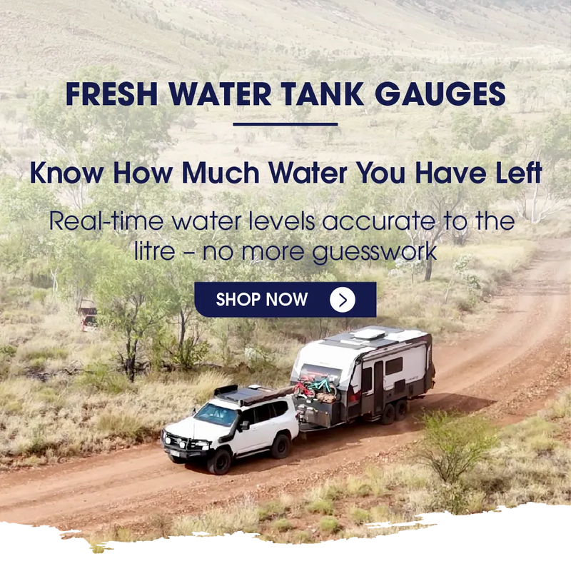 Topargee Fresh Water Tank Gauges banner — 4WD towing caravan on outback dirt road — know how much water you have left accurate to the litre