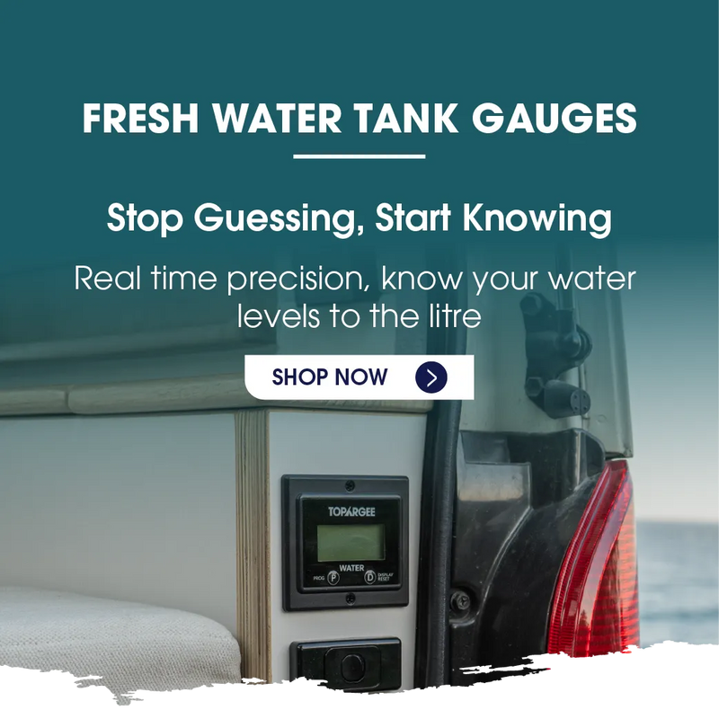 Topargee Fresh Water Tank Gauges banner — Flush Mount gauge installed in caravan interior — stop guessing start knowing your water levels to the litre