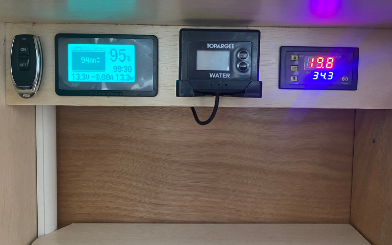 Topargee Surface Mount water tank gauge and additional monitoring gauges installed in a custom caravan control panel cabinet